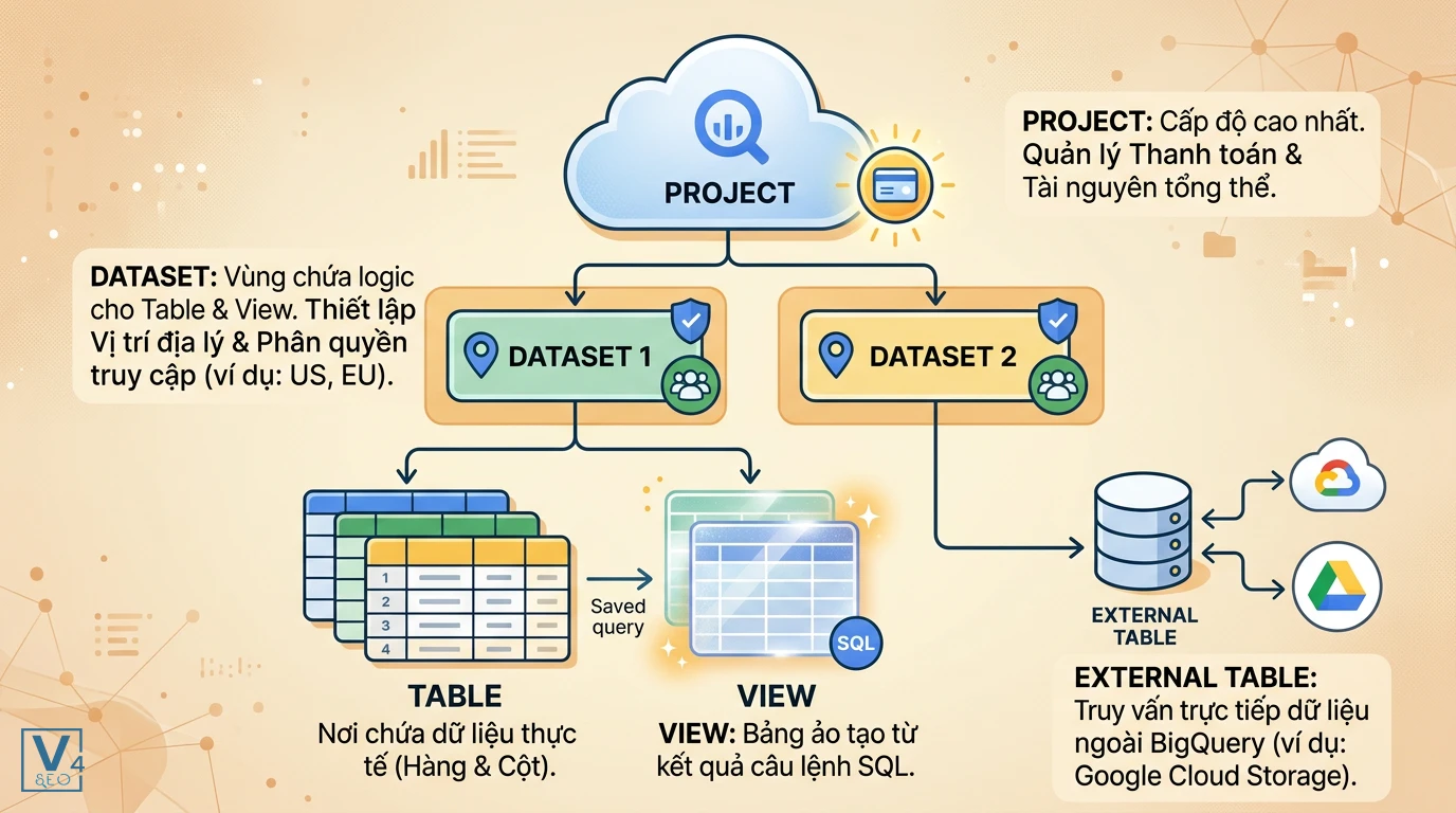 cau-truc-du-lieu-logic-bigquery Sơ đồ phân cấp cấu trúc dữ liệu logic trong BigQuery từ Project, Dataset đến Table và View.