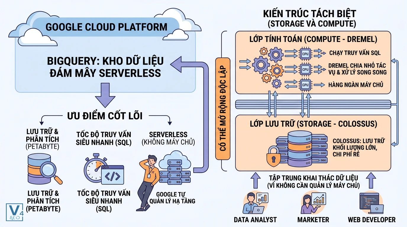 kien-truc-tach-biet-google-bigquery Sơ đồ kiến trúc BigQuery tách biệt giữa lớp lưu trữ Colossus và lớp tính toán Dremel giúp tối ưu hiệu năng.