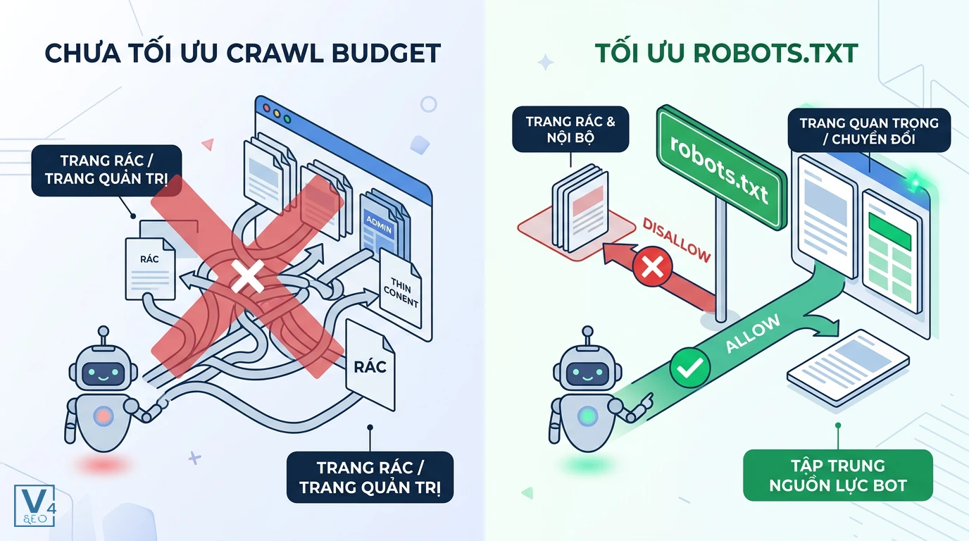 so-sanh-toi-uu-robots-txt-va-crawl-budget So sánh hiệu quả điều hướng bot tìm kiếm khi chưa tối ưu và sau khi tối ưu hóa file robots.txt để tiết kiệm crawl budget.