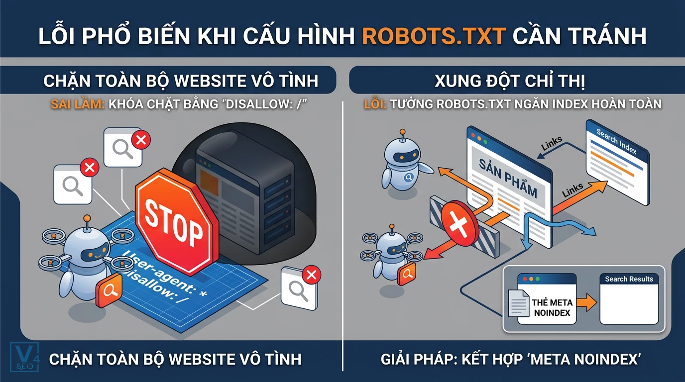 cac-loi-cau-hinh-robots-txt-pho-bien Hai sai lầm nghiêm trọng khi cấu hình robots.txt gồm chặn toàn bộ website vô tình và xung đột chỉ thị lập chỉ mục.