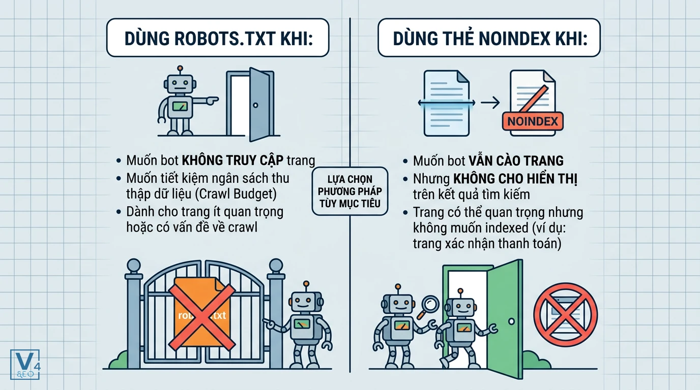 so-sanh-robots-txt-va-the-noindex Bảng so sánh trường hợp nên dùng file robots.txt để chặn bot và khi nào nên dùng thẻ noindex để ẩn trang.