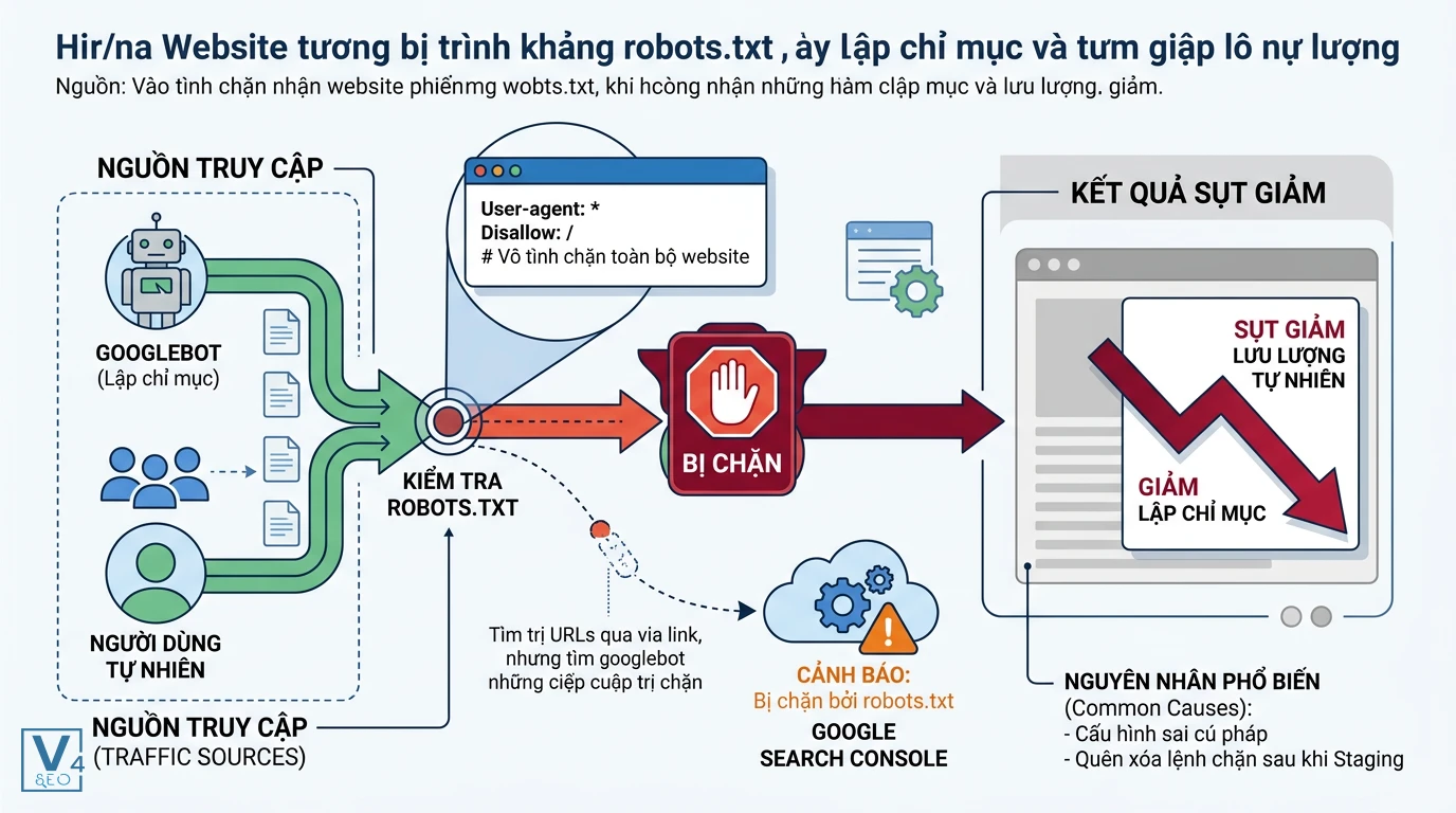 co-che-website-bi-chan-boi-robots-txt Sơ đồ minh họa cơ chế website bị chặn bởi robots.txt dẫn đến sụt giảm lập chỉ mục và lưu lượng truy cập tự nhiên.
