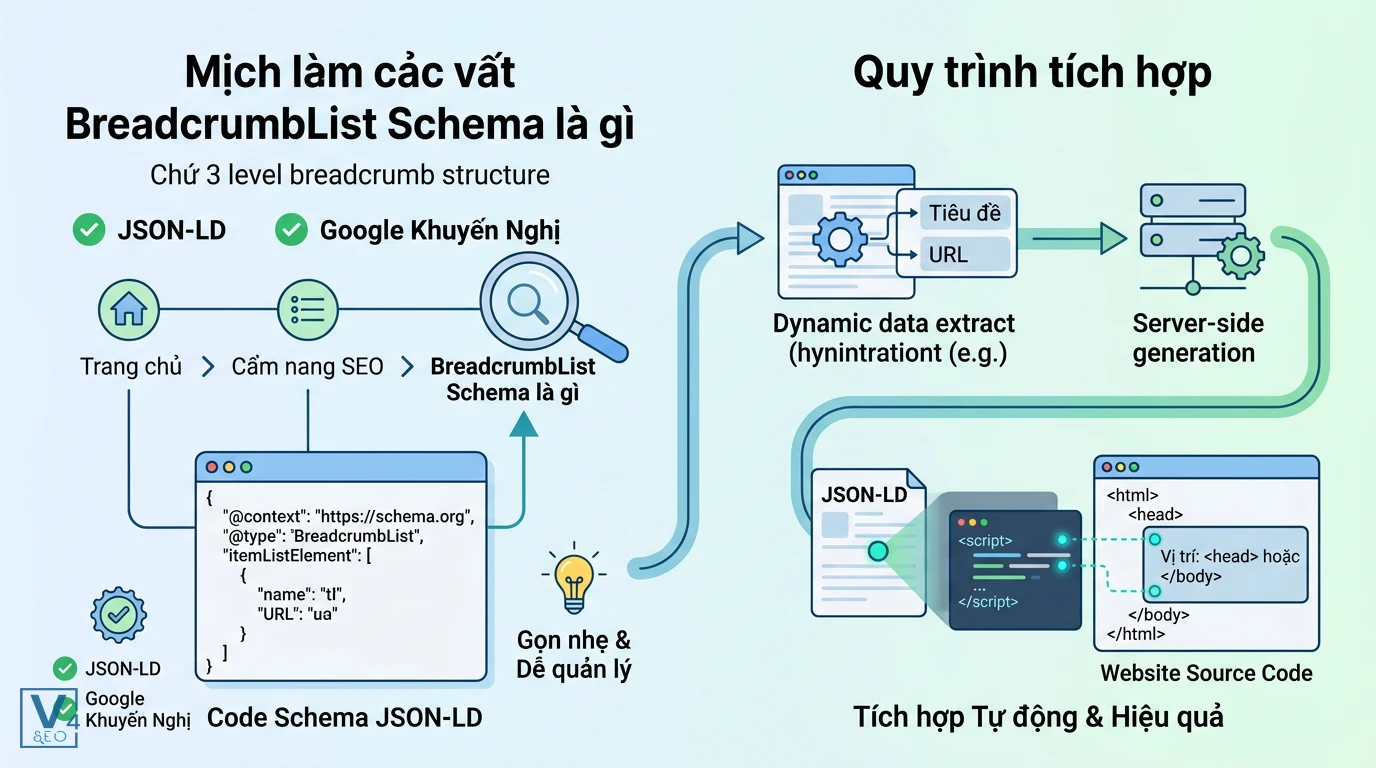 Quy trình tích hợp BreadcrumbList Schema JSON-LD Quy trình tự động hóa tích hợp mã JSON-LD BreadcrumbList Schema 3 cấp vào thẻ head hoặc body của website.