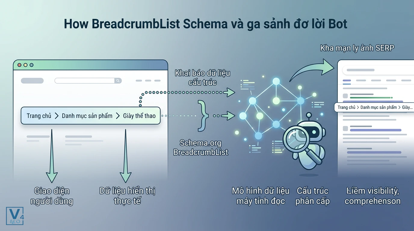 co-che-hoat-dong-breadcrumb-schema Sơ đồ chuyển đổi thanh điều hướng trên giao diện thành dữ liệu cấu trúc BreadcrumbList Schema cho bot tìm kiếm đọc hiểu.