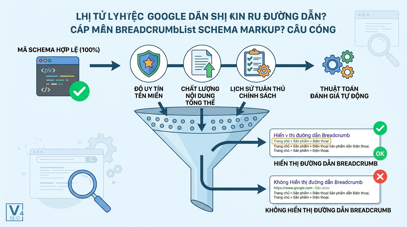 Điều kiện hiển thị Breadcrumb Schema trên Google Các yếu tố ảnh hưởng đến việc Google hiển thị đường dẫn BreadcrumbList schema dù mã khai báo không có lỗi.