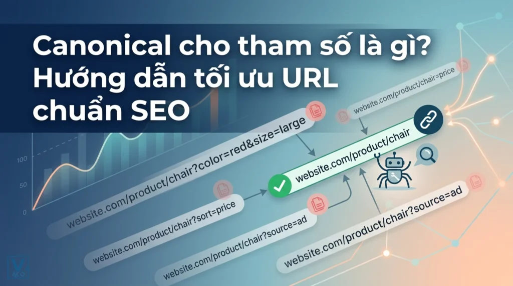 Sơ đồ gom nhóm các URL chứa tham số động về một URL gốc chuẩn SEO bằng thẻ canonical.