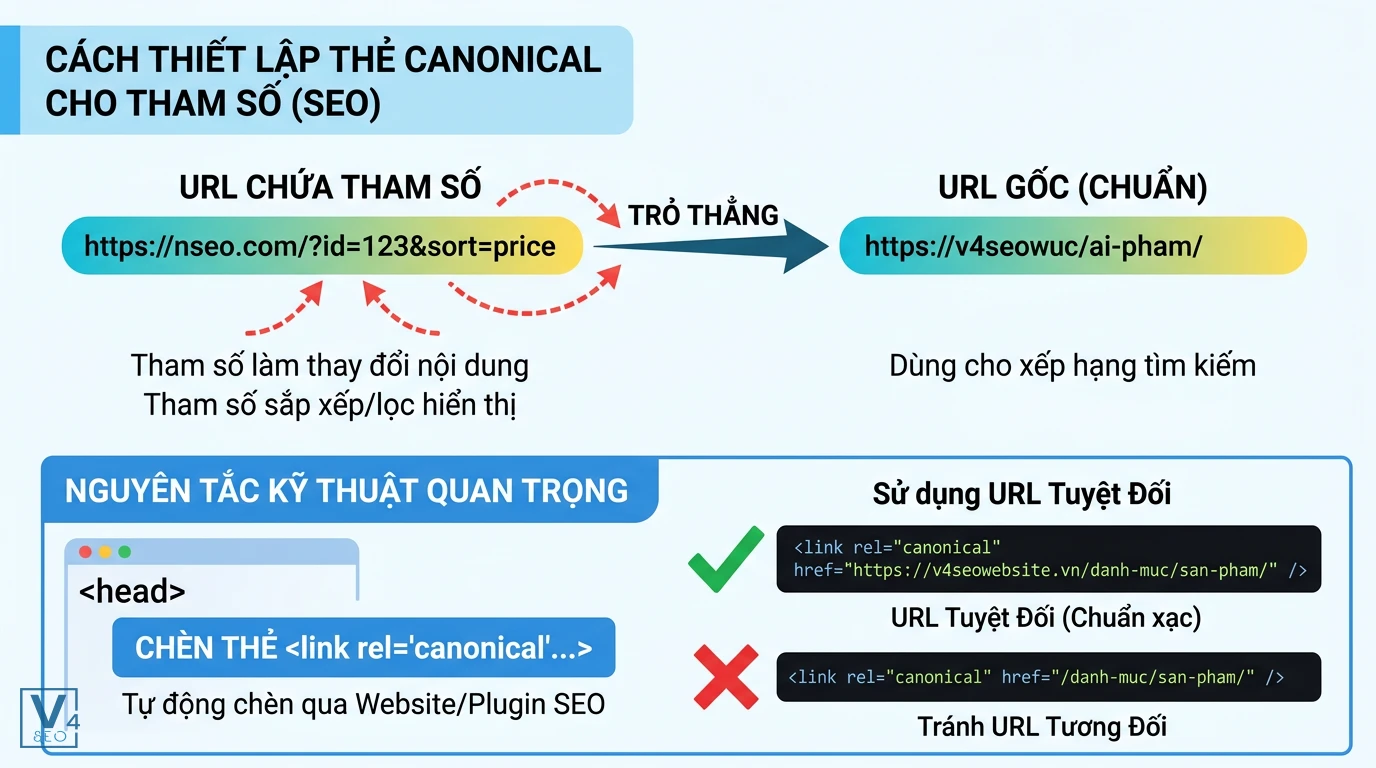 Thiet lap canonical cho tham so Sơ đồ hướng dẫn cách thiết lập canonical cho tham số bằng cách trỏ URL chứa tham số về URL gốc tuyệt đối chuẩn SEO