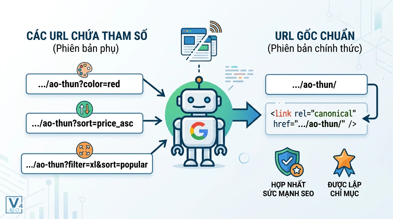 co-che-canonical-cho-url-tham-so Sơ đồ giải thích canonical cho tham số là gì giúp Googlebot định hướng từ các URL phụ về URL gốc chuẩn.
