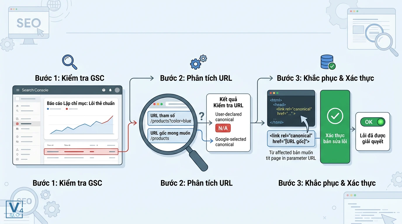 quy-trinh-khac-phuc-canonical-tham-so Sơ đồ 3 bước kiểm tra và khắc phục lỗi canonical cho tham số bằng Google Search Console.