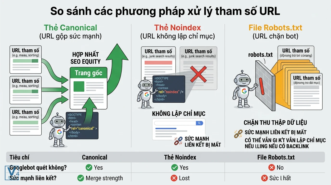 so-sanh-phuong-phap-xu-ly-tham-so-url Bảng so sánh cơ chế xử lý URL tham số bằng thẻ canonical, noindex và file robots.txt trong SEO.