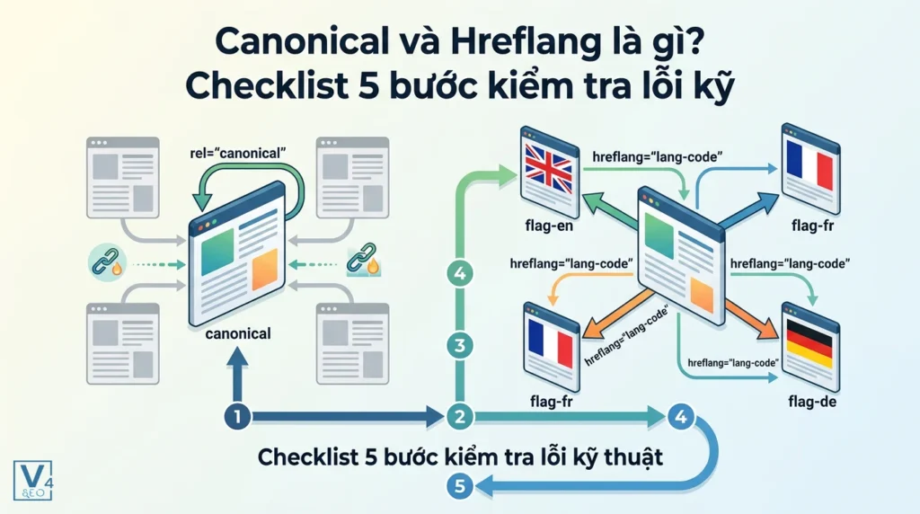 Mô hình so sánh cơ chế hoạt động của thẻ canonical và hreflang trong tối ưu hóa SEO đa ngôn ngữ.