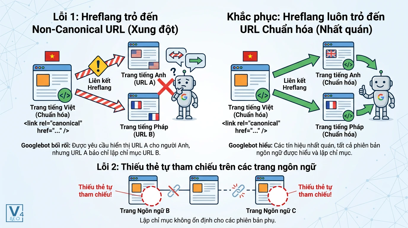 cac-loi-canonical-va-hreflang-thuong-gap Sơ đồ so sánh lỗi xung đột hreflang với trang non-canonical và lỗi thiếu thẻ tự tham chiếu khi tối ưu SEO đa ngôn ngữ.