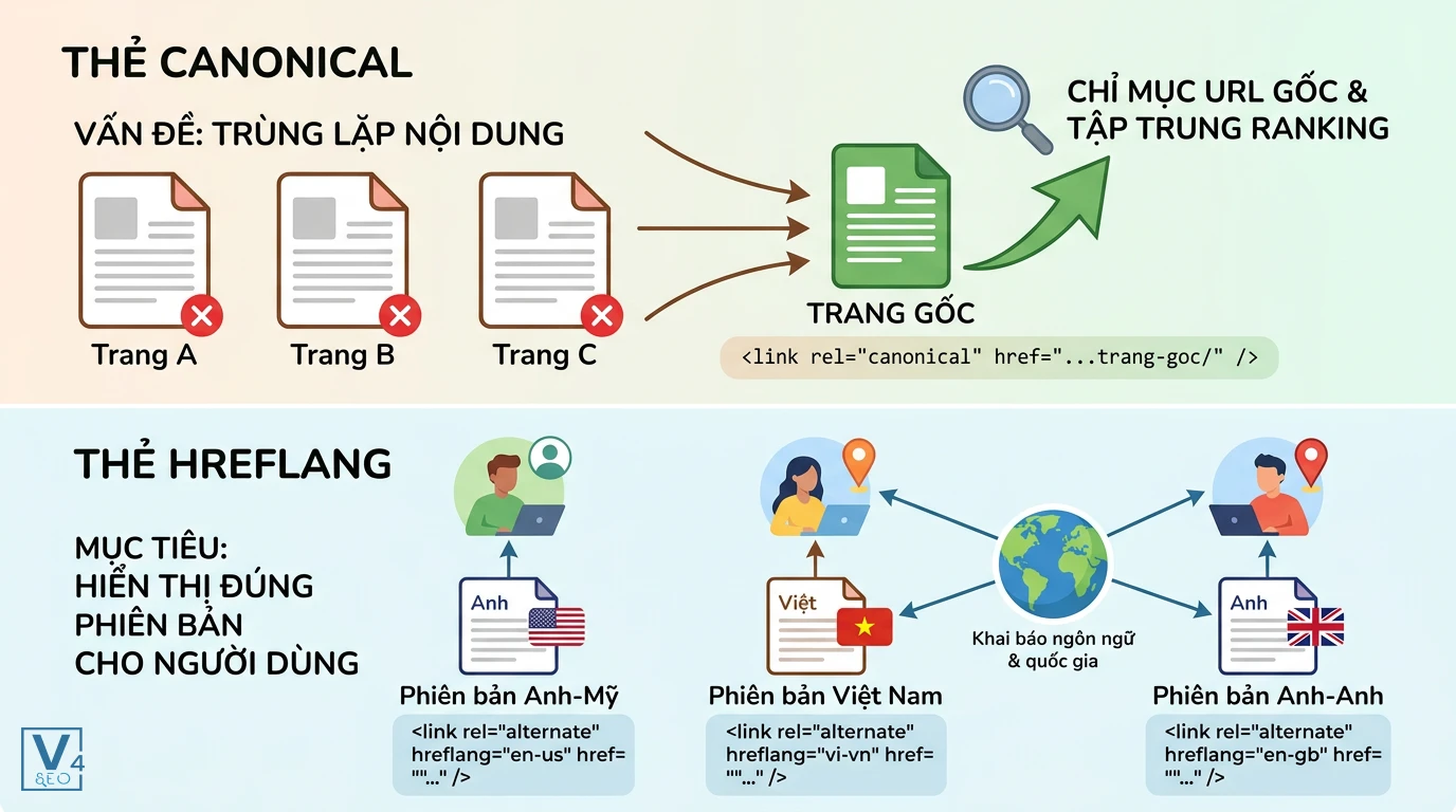 so-sanh-vai-tro-canonical-va-hreflang Sơ đồ so sánh vai trò của thẻ canonical trong xử lý trùng lặp và thẻ hreflang trong định hướng ngôn ngữ quốc gia.