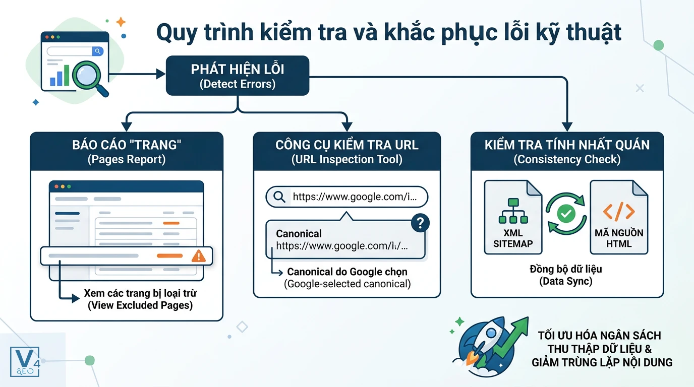 quy-trinh-kiem-tra-khac-phuc-loi-canonical-hreflang Sơ đồ quy trình kiểm tra lỗi canonical và hreflang bằng Google Search Console và đối chiếu XML sitemap với HTML.