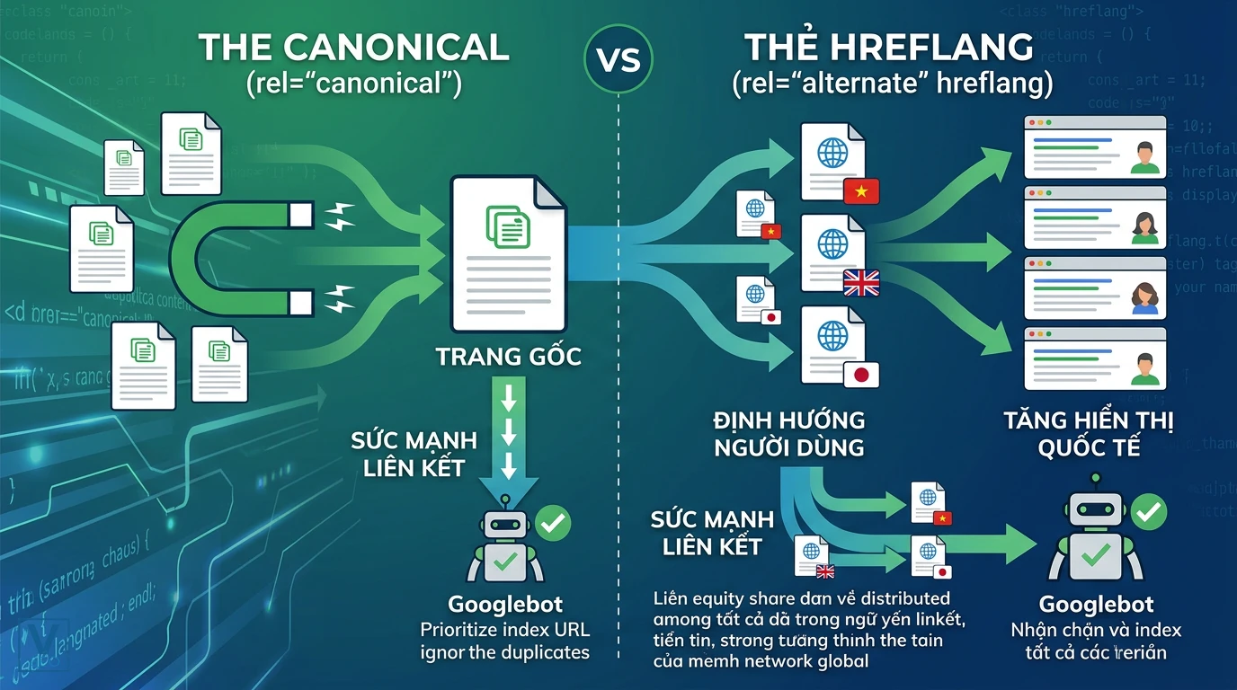 so-sanh-canonical-va-hreflang So sánh cơ chế gom tín hiệu của thẻ Canonical và phân phối đa ngôn ngữ của thẻ Hreflang cho Googlebot.