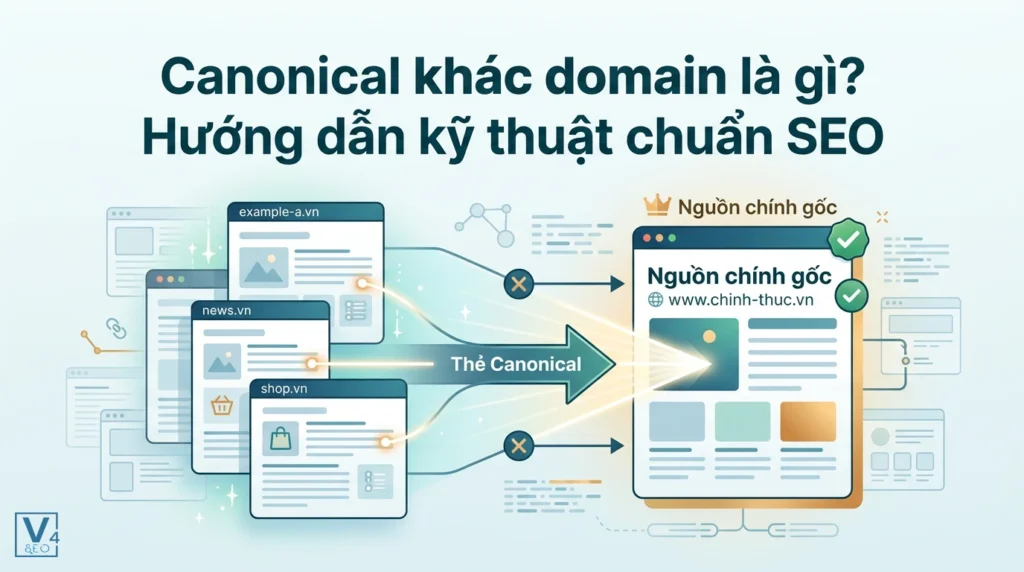 Sơ đồ mô tả cách hoạt động của canonical khác domain giúp định hướng công cụ tìm kiếm về trang nguồn chính gốc.