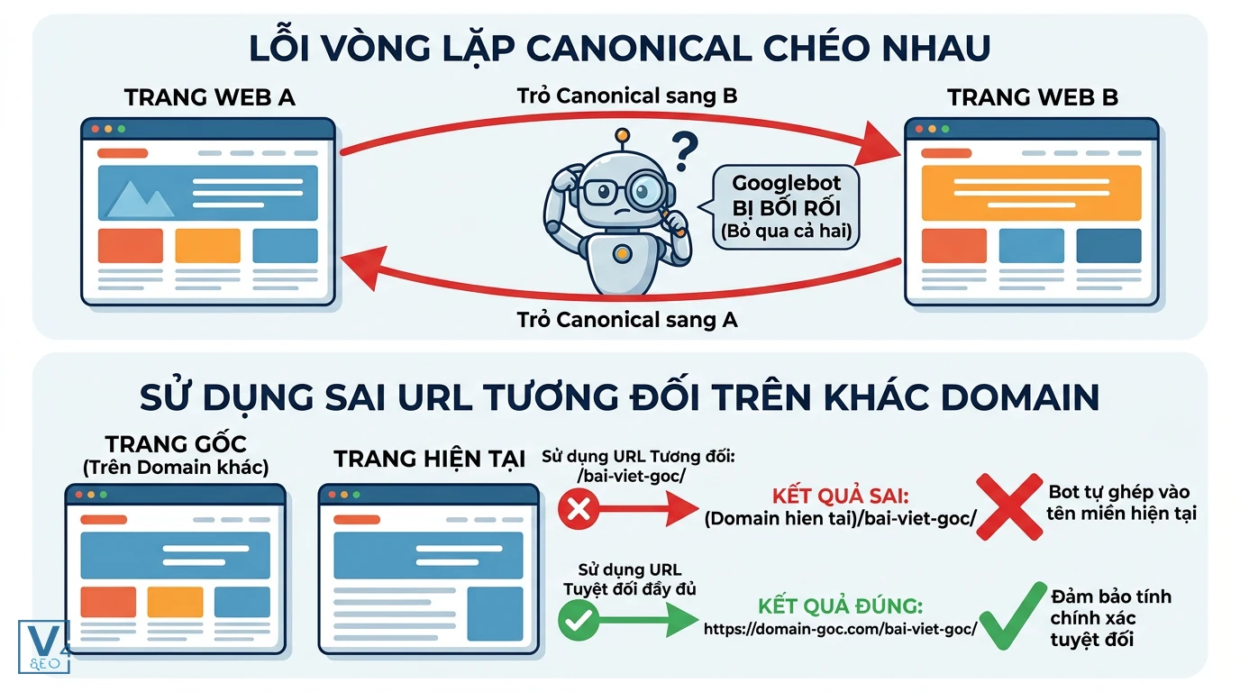 loi-canonical-khac-domain-thuong-gap Mô tả hai lỗi cấu hình canonical khác domain phổ biến là vòng lặp chéo và dùng sai URL tương đối.