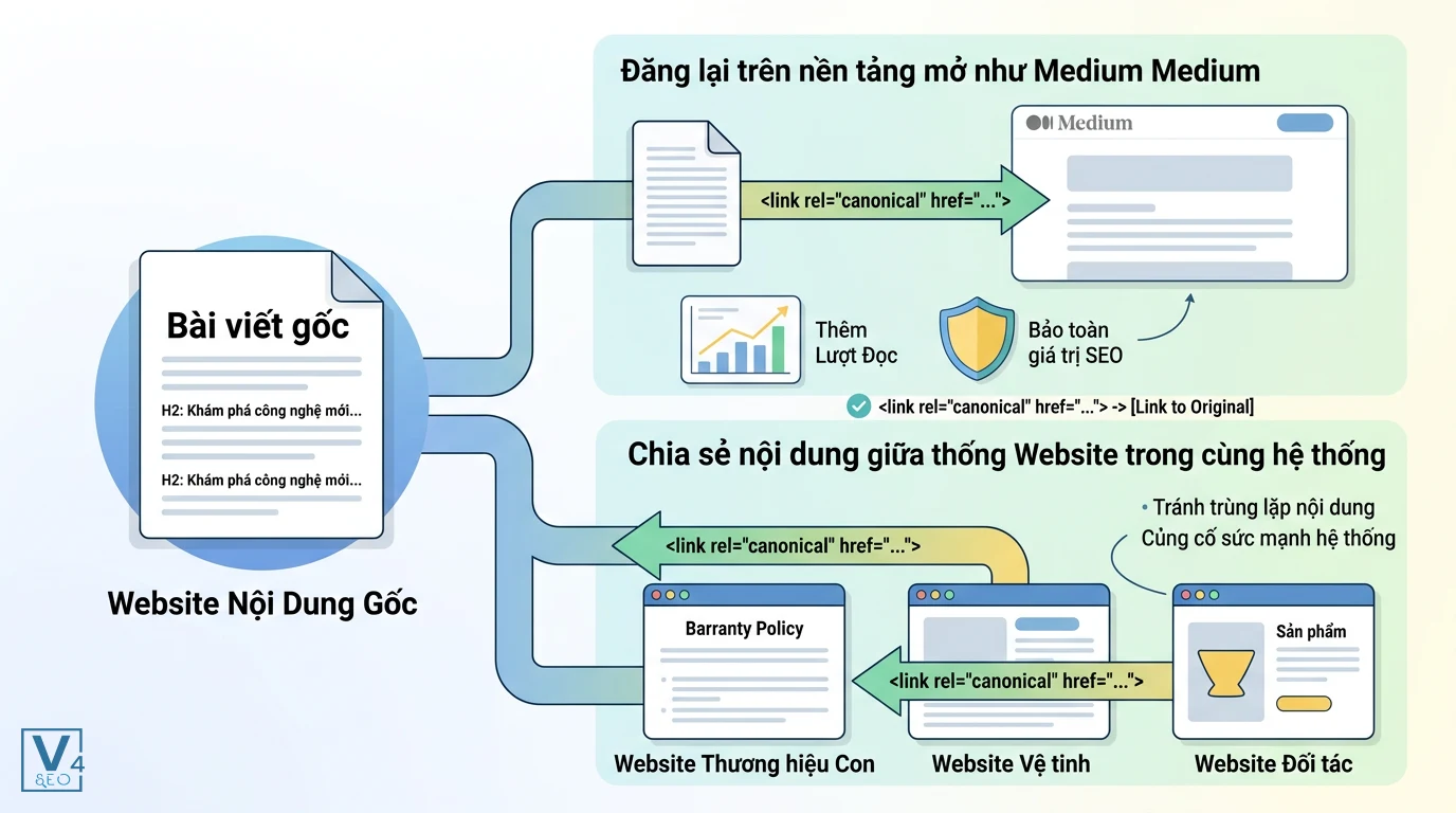 ung-dung-canonical-khac-domain Sơ đồ ứng dụng canonical khác domain khi đăng lại bài viết trên Medium và chia sẻ nội dung trong cùng hệ thống website.