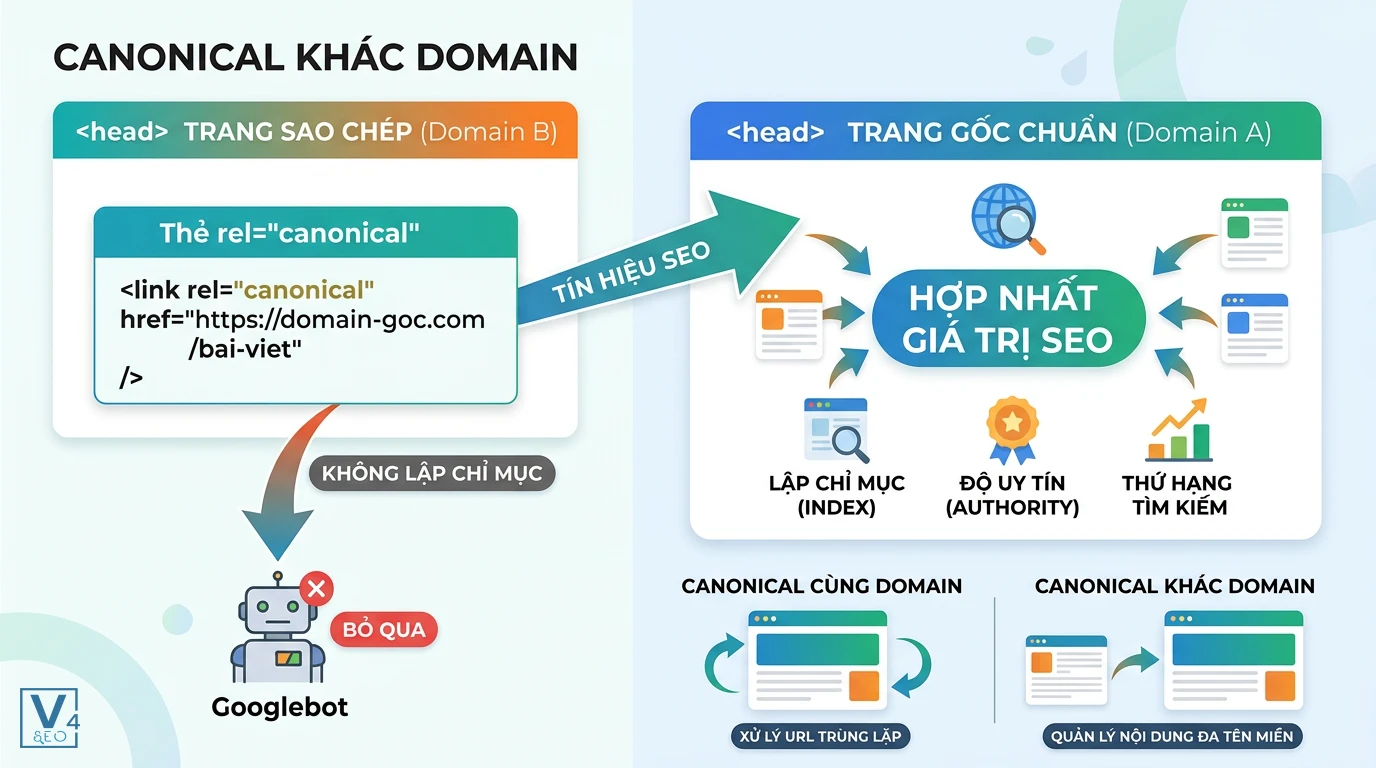 co-che-hoat-dong-canonical-khac-domain Sơ đồ giải thích canonical khác domain là gì giúp chuyển tín hiệu SEO từ trang sao chép sang trang gốc chuẩn.