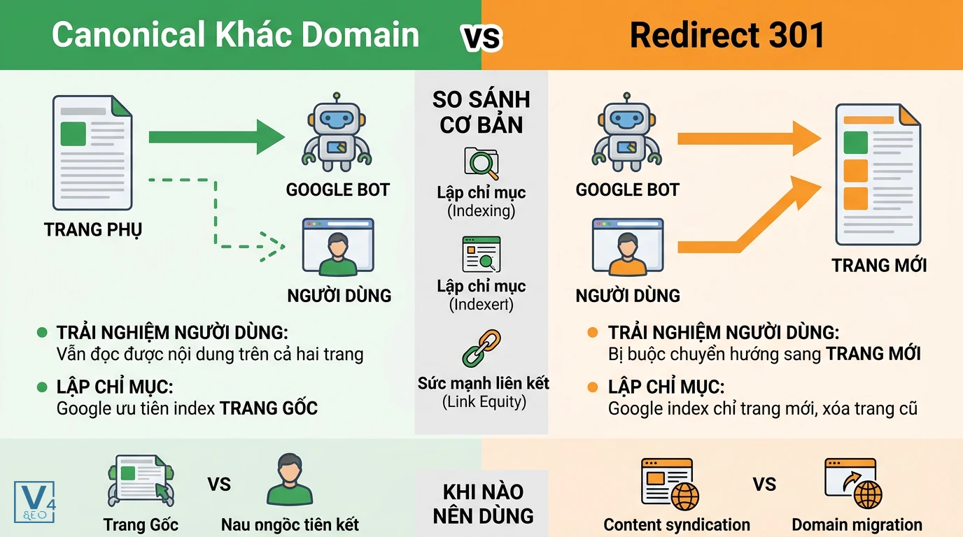 so-sanh-canonical-khac-domain-va-redirect-301 Bảng so sánh cơ chế hoạt động của canonical khác domain và redirect 301 về trải nghiệm người dùng và lập chỉ mục.