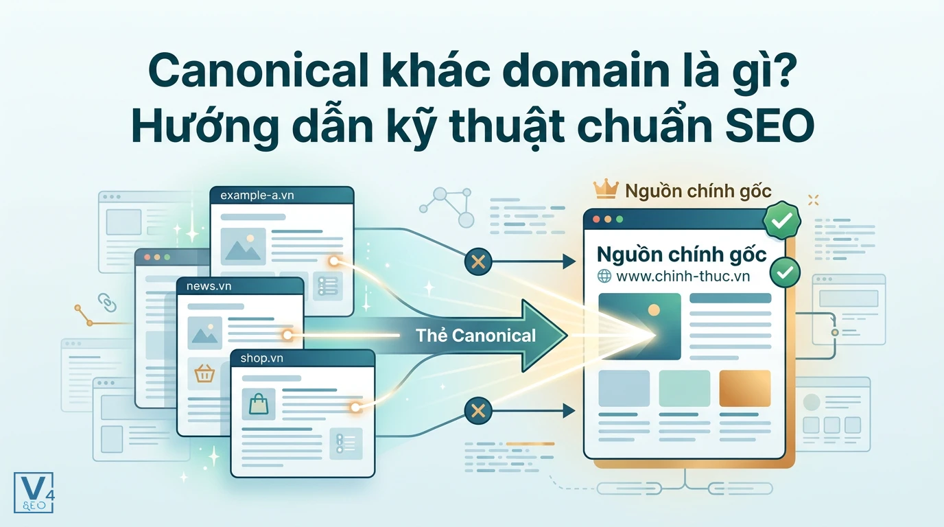 Sơ đồ mô tả cách hoạt động của canonical khác domain giúp định hướng công cụ tìm kiếm về trang nguồn chính gốc.