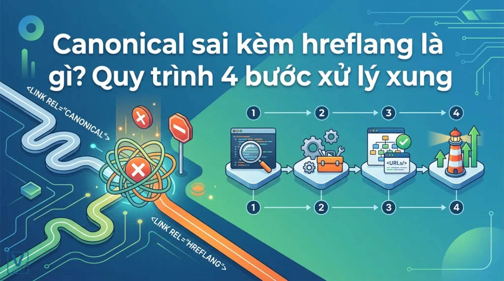 Mô tả xung đột kỹ thuật giữa thẻ canonical và hreflang cùng quy trình 4 bước khắc phục lỗi SEO đa ngôn ngữ.