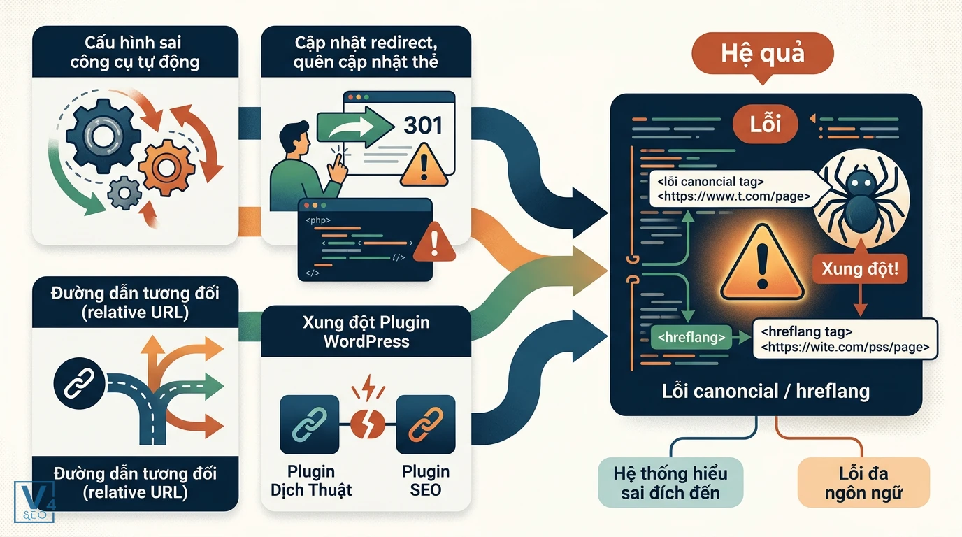 nguyen-nhan-loi-canonical-hreflang Sơ đồ các nguyên nhân gây lỗi canonical sai kèm hreflang như xung đột plugin WordPress và dùng đường dẫn tương đối.