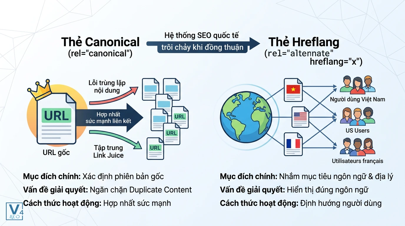 so-sanh-the-canonical-va-hreflang-seo Sơ đồ so sánh vai trò của thẻ Canonical giúp gom tụ sức mạnh URL và thẻ Hreflang định hướng ngôn ngữ cho người dùng.