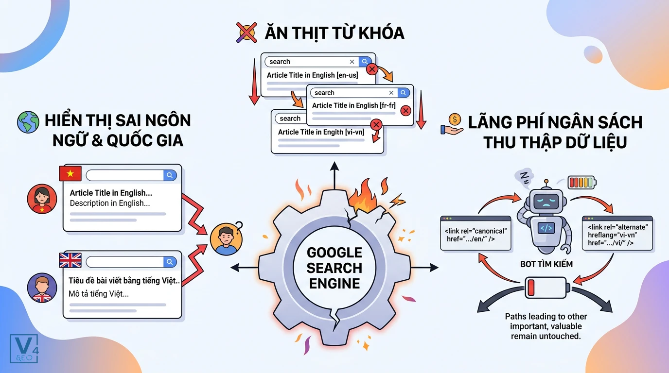 tac-hai-xung-dot-canonical-hreflang Sơ đồ minh họa ba tác hại lớn của lỗi xung đột canonical sai kèm hreflang đối với hiệu suất SEO quốc tế.