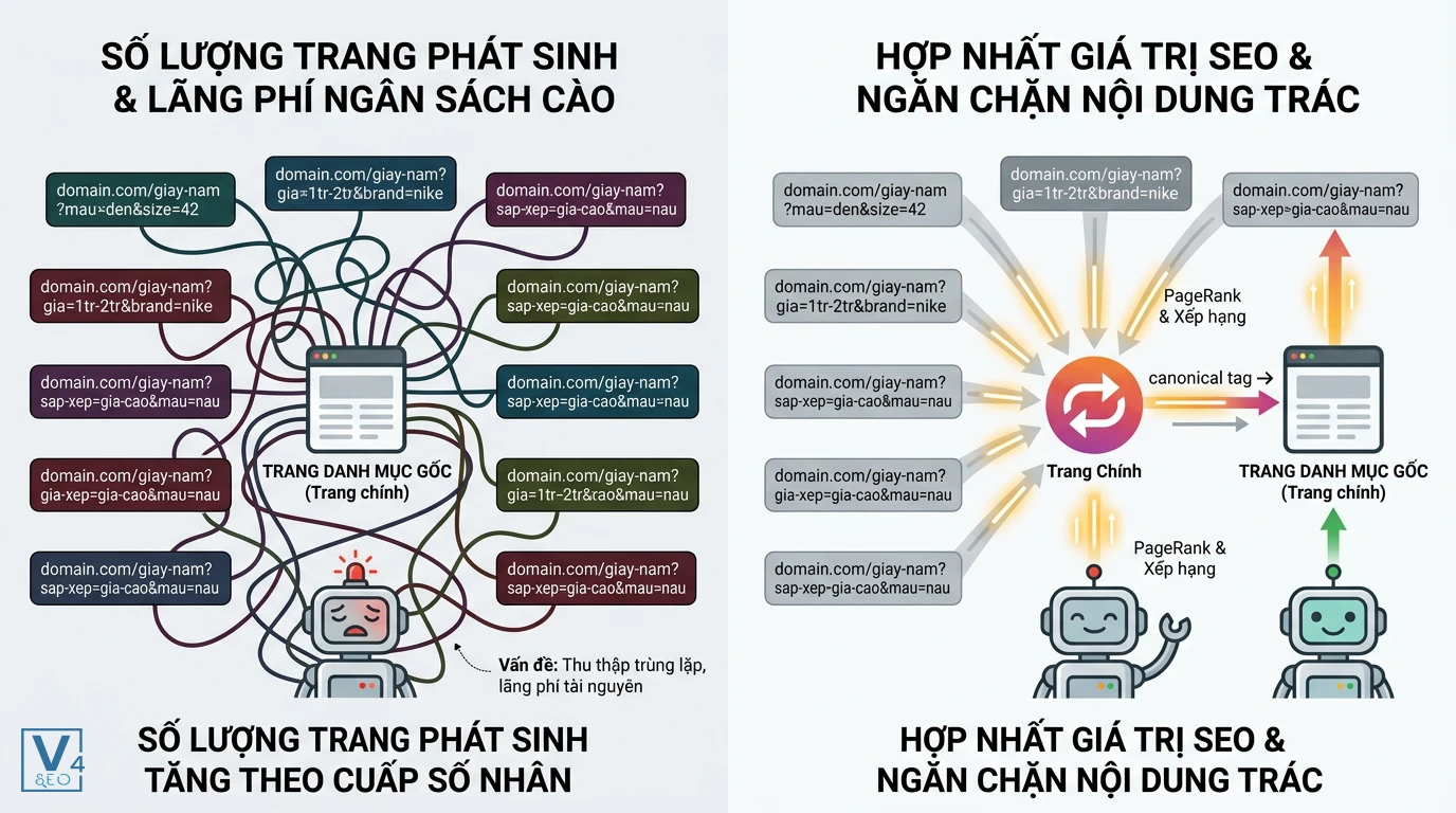 giai-phap-canonical-trang-loc-seo So sánh việc lãng phí ngân sách cào do URL bộ lọc trùng lặp và giải pháp tối ưu bằng canonical trang lọc.