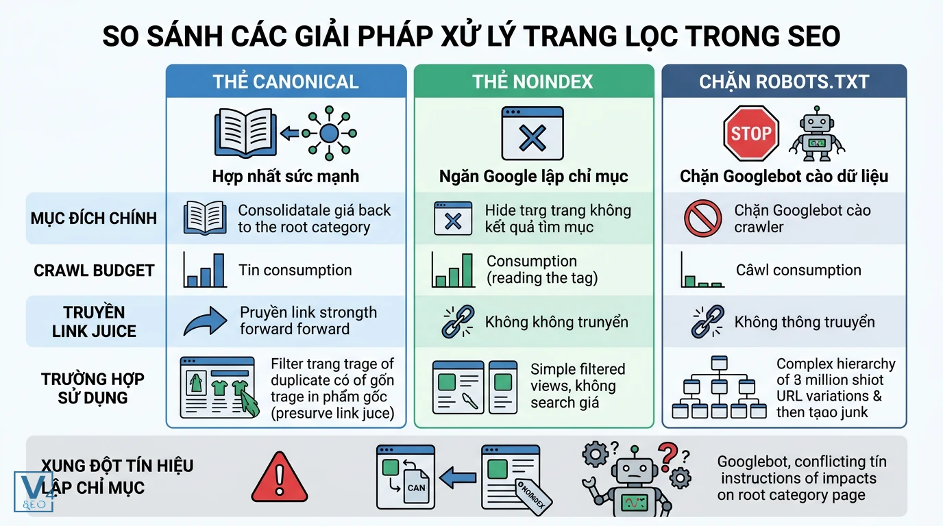 so-sanh-giai-phap-xu-ly-trang-loc-seo Bảng so sánh thẻ canonical trang lọc là gì với noindex và robots.txt giúp tối ưu hóa ngân sách cào và tránh xung đột tín hiệu.