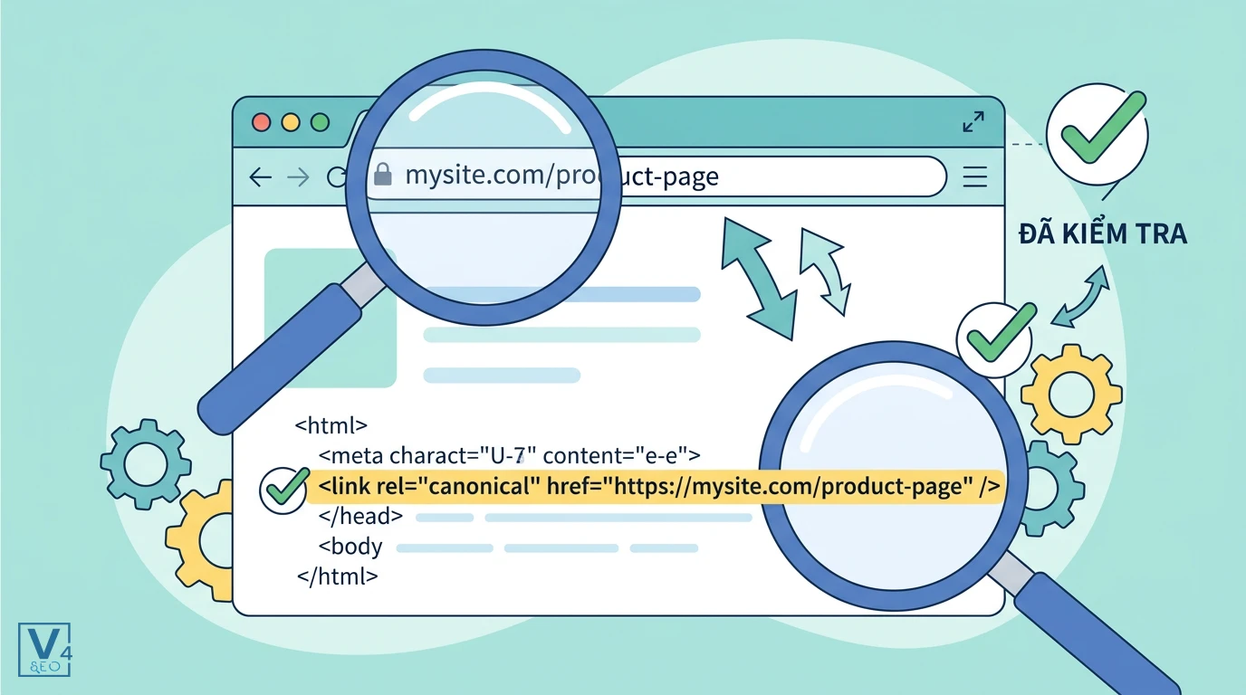 kiem-tra-canonical-tu-tro-html Minh họa quy trình kiểm tra thẻ canonical tự trỏ trong mã nguồn HTML của trang web bằng kính lúp.