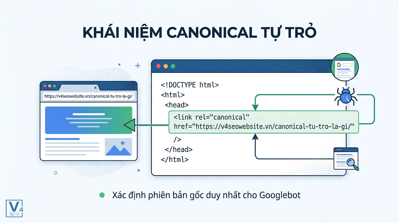 cu-phap-canonical-tu-tro Sơ đồ cú pháp HTML thẻ canonical tự trỏ giúp Googlebot xác định phiên bản gốc duy nhất của trang web.