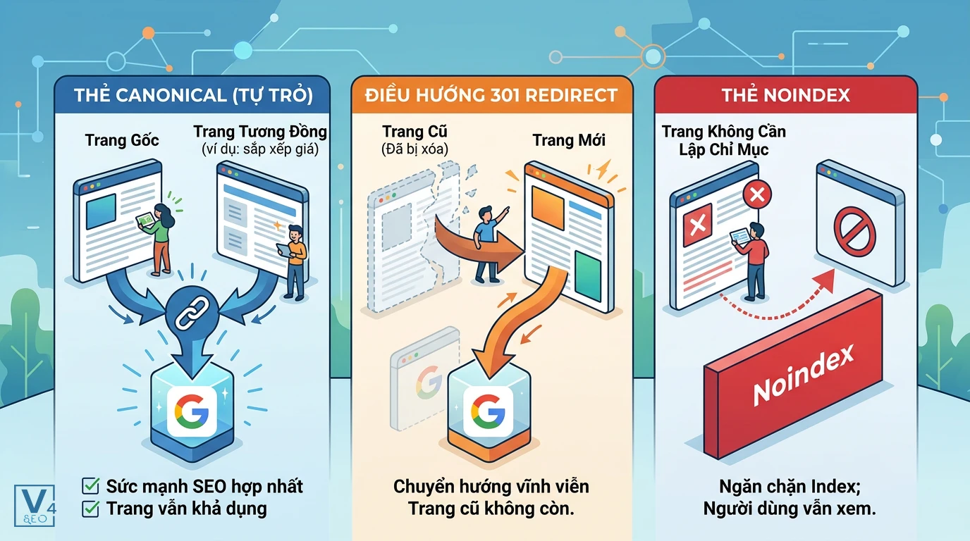 so-sanh-canonical-redirect-noindex Bảng so sánh cơ chế hoạt động của thẻ canonical tự trỏ, điều hướng 301 redirect và thẻ noindex trong SEO.