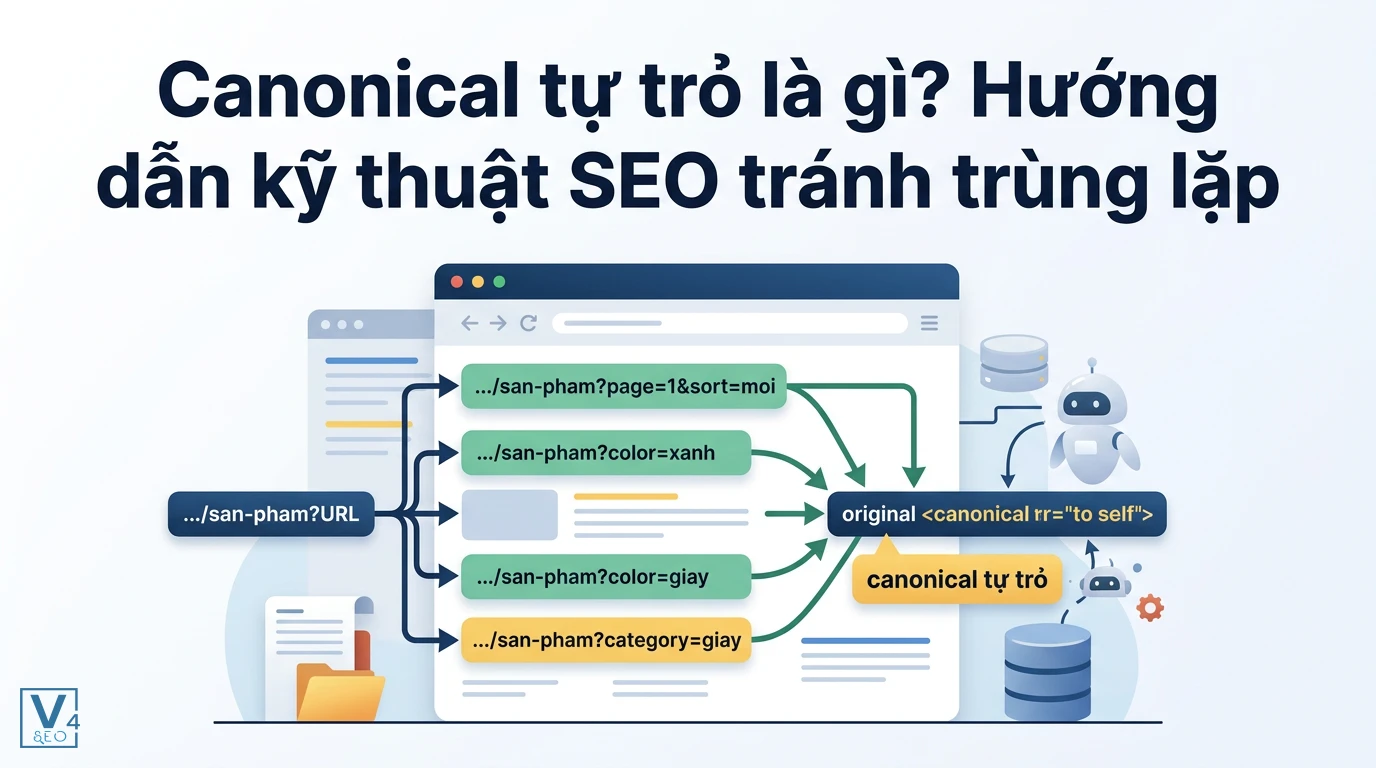 Sơ đồ giải thích cách canonical tự trỏ giúp gom nhóm các URL chứa tham số về trang gốc để tránh trùng lặp nội dung.