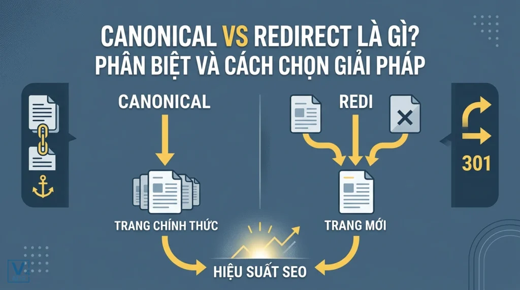 Sơ đồ so sánh cơ chế hoạt động của thẻ canonical và chuyển hướng redirect 301 giúp tối ưu hiệu suất SEO.