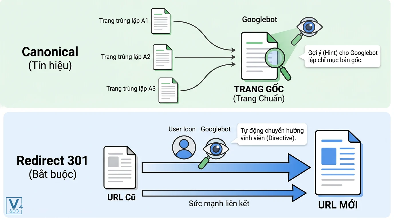 so-sanh-co-che-canonical-va-redirect-301 So sánh cơ chế hoạt động của thẻ canonical vs redirect trong việc xử lý trùng lặp nội dung website.