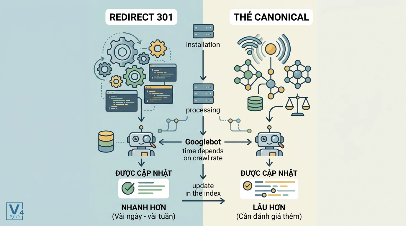 thoi-gian-cap-nhat-canonical-vs-redirect So sánh thời gian Googlebot cập nhật chỉ mục khi sử dụng redirect 301 nhanh hơn so với thẻ canonical.