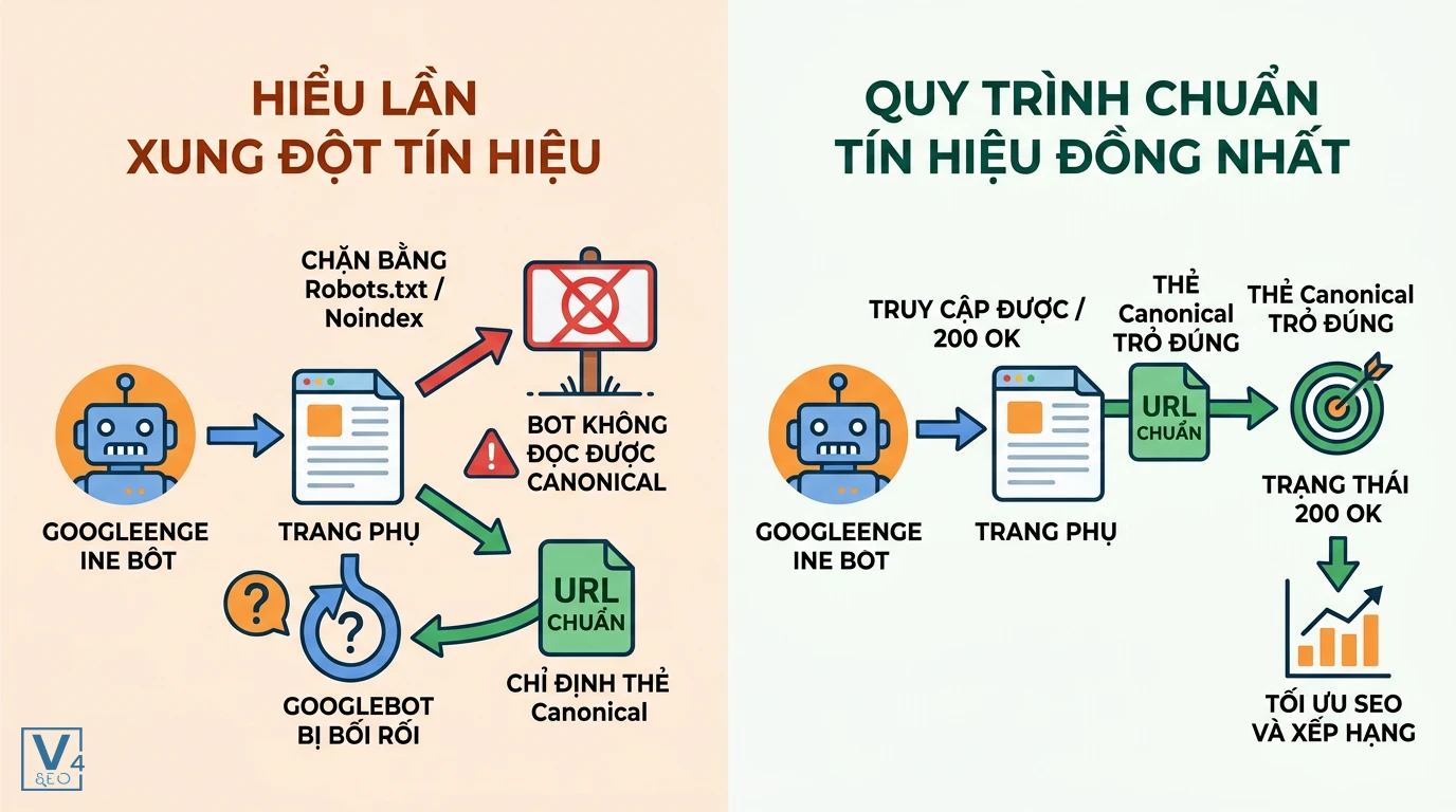 xung-dot-tin-hieu-canonical-vs-redirect So sánh xung đột tín hiệu SEO do chặn robots.txt với quy trình chuẩn hóa canonical và redirect đồng nhất giúp bot dễ thu thập dữ liệu.