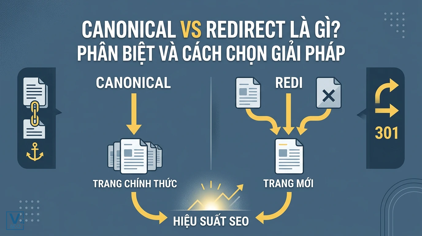 Sơ đồ so sánh cơ chế hoạt động của thẻ canonical và chuyển hướng redirect 301 giúp tối ưu hiệu suất SEO.