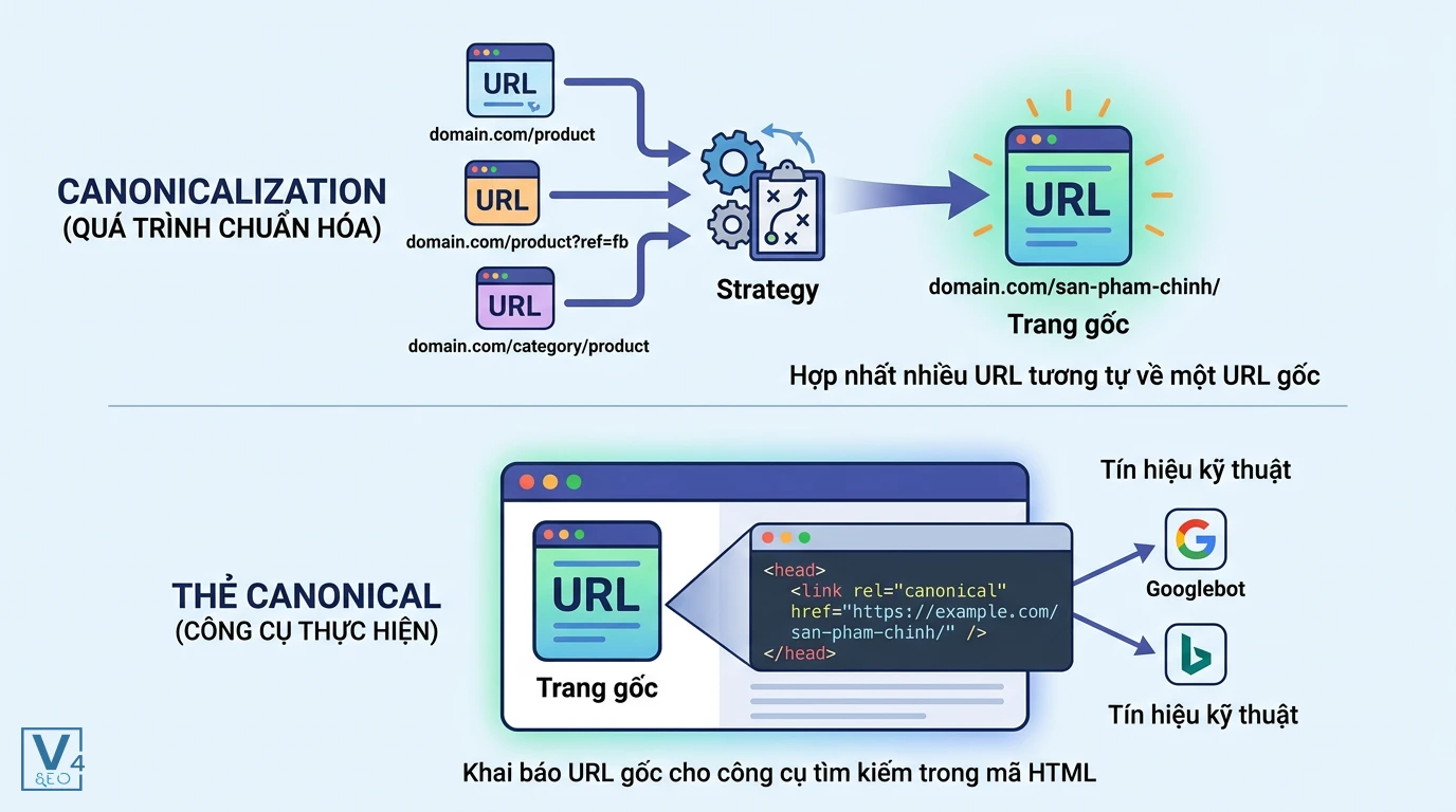 phan-biet-canonicalization-va-the-canonical Sơ đồ phân biệt quá trình canonicalization hợp nhất URL trùng lặp và thẻ canonical khai báo mã HTML cho Googlebot.
