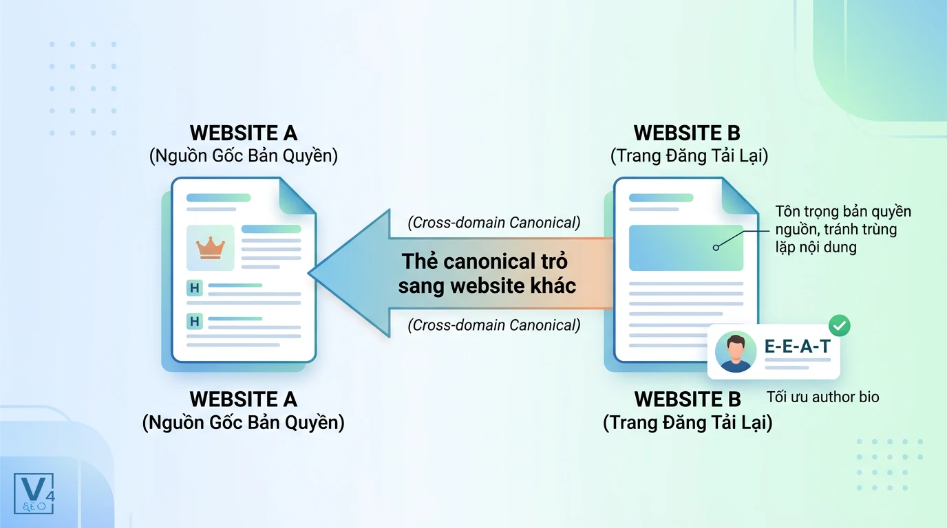 mo-hinh-cross-domain-canonical Mô hình cross-domain canonical trỏ từ trang đăng tải lại về website gốc để bảo vệ bản quyền và tối ưu E-E-A-T.