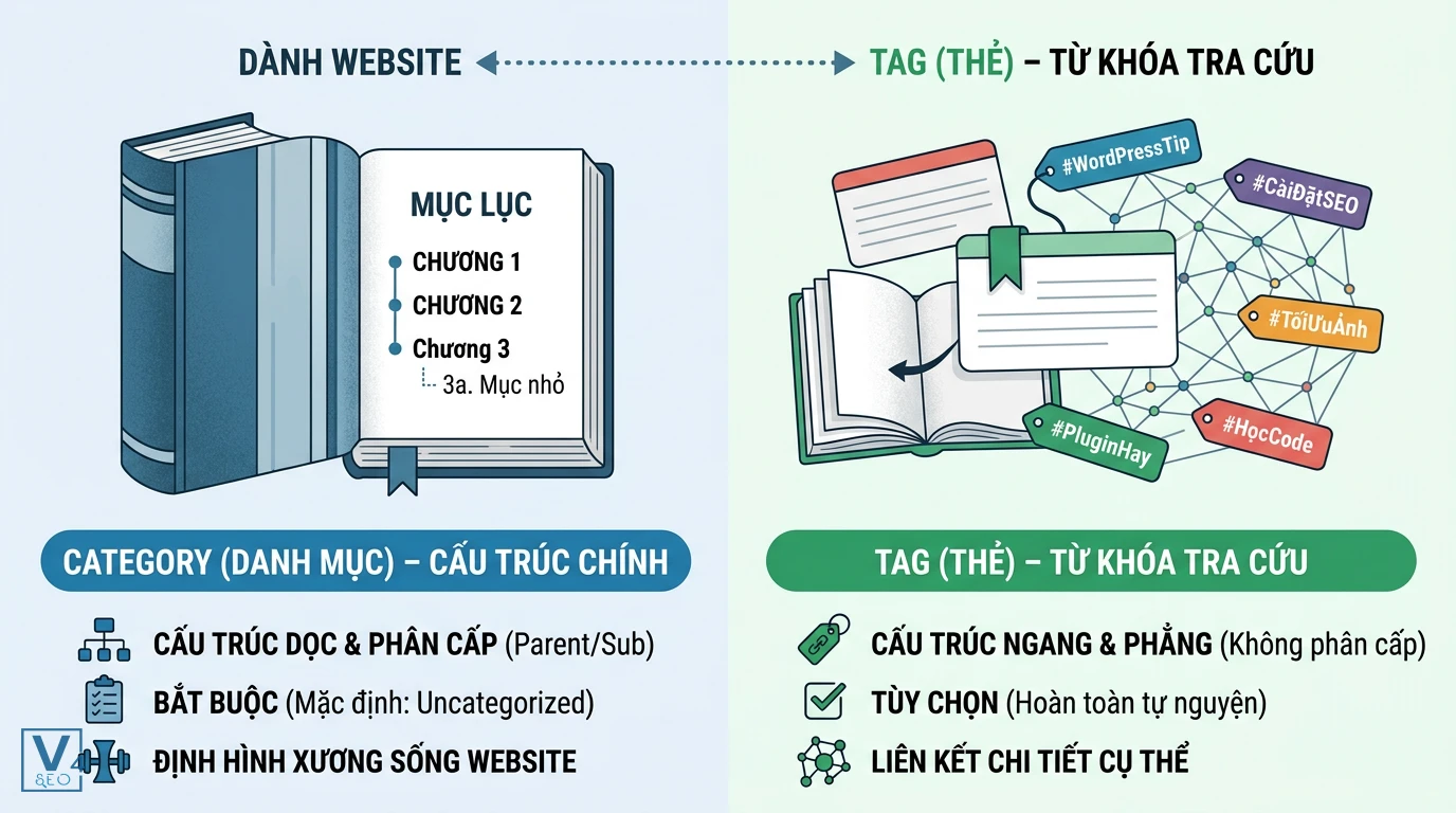 so-sanh-category-vs-tag-wordpress So sánh category vs tag là gì qua mô hình mục lục sách phân cấp và các thẻ từ khóa tra cứu ngang.