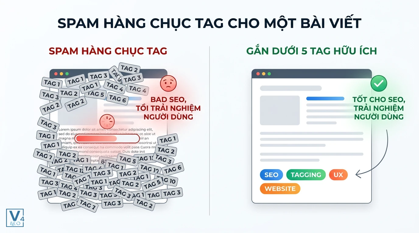 sai-lam-spam-tag-trong-seo So sánh tác hại của việc spam hàng chục tag gây loãng SEO với lợi ích khi chỉ gắn dưới 5 thẻ tag liên quan cho bài viết.
