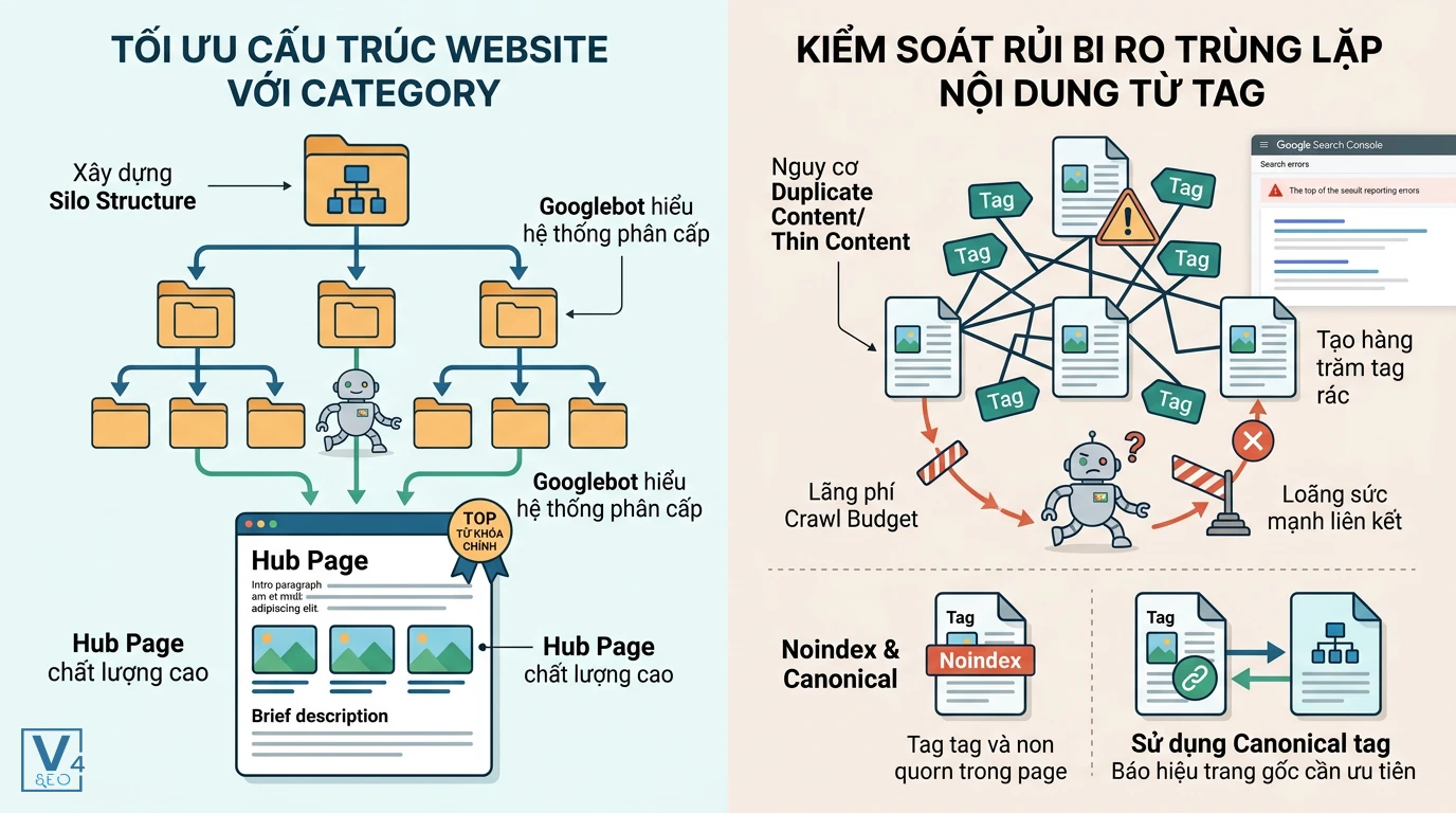 so-sanh-vai-tro-seo-category-va-tag So sánh vai trò của category vs tag là gì trong việc tối ưu cấu trúc silo và kiểm soát rủi ro trùng lặp nội dung SEO.