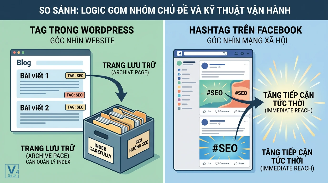 so-sanh-tag-wordpress-va-hashtag-facebook So sánh tag WordPress tạo trang lưu trữ vật lý cần quản lý index với hashtag Facebook giúp tăng tiếp cận tức thời.