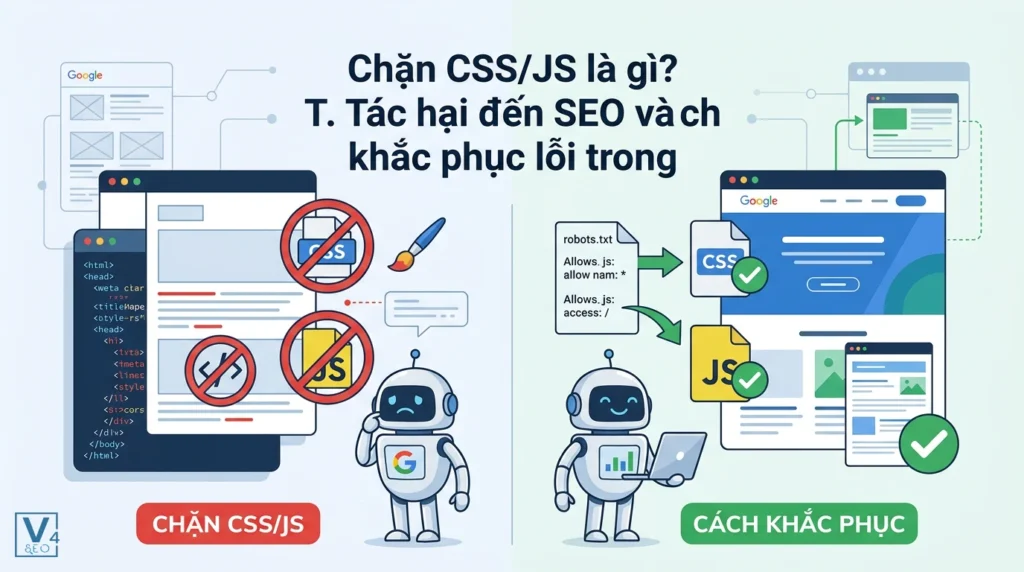 Chặn CSS/JS là gì? Tác hại đến SEO và cách khắc phục lỗi trong Robots.txt 11 So sánh tác hại khi chặn CSS/JS khiến Googlebot không thể render và cách khắc phục bằng robots.txt để tối ưu SEO.