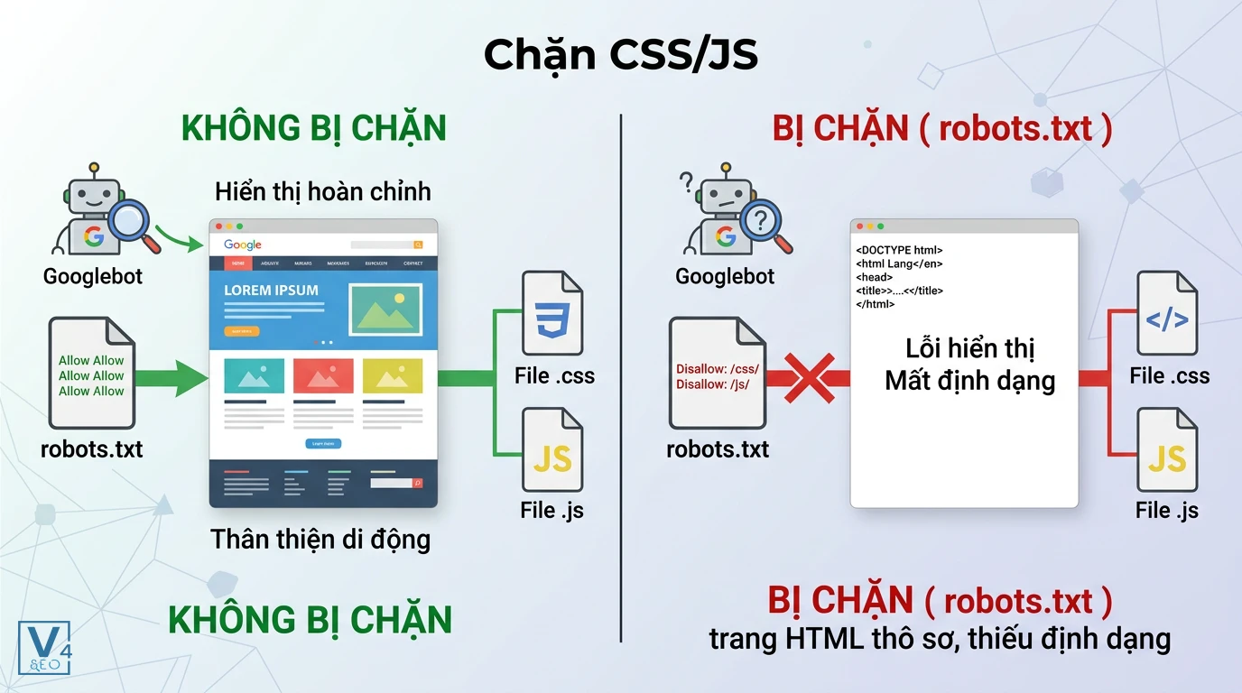 so-sanh-chan-css-js-robots-txt So sánh giao diện web hiển thị đầy đủ khi không bị chặn CSS/JS và giao diện lỗi HTML thô sơ khi bị chặn bởi robots.txt.
