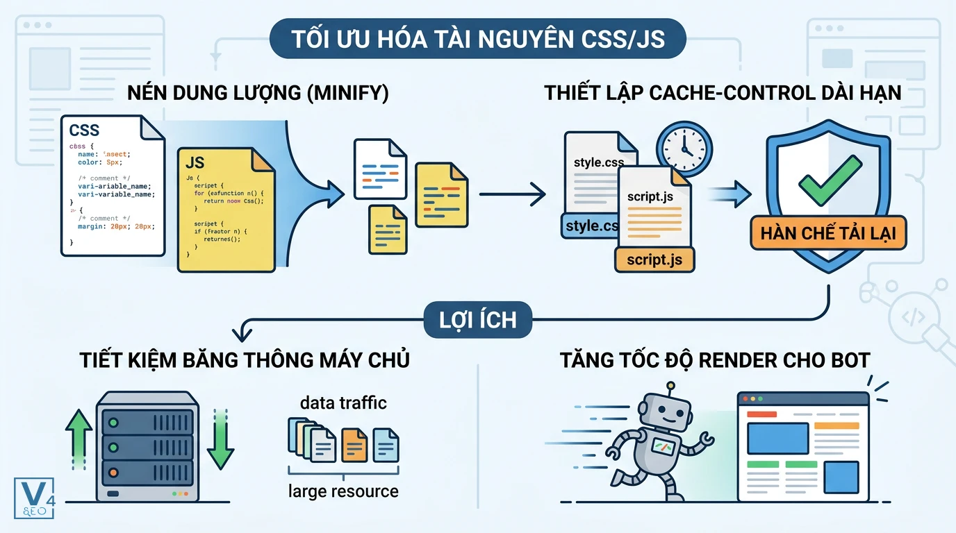 quy-trinh-toi-uu-hoa-css-js Quy trình tối ưu hóa CSS/JS bằng cách nén dung lượng và thiết lập Cache-Control giúp tăng tốc độ render cho bot.