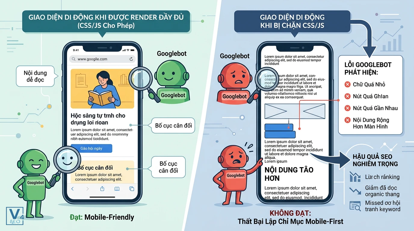 tac-hai-chan-css-js-voi-mobile-indexing So sánh giao diện di động chuẩn khi cho phép CSS/JS với giao diện lỗi bị Googlebot đánh giá kém do chặn CSS/JS.